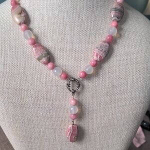 New Rhodachocite & Pink Opal Beaded Necklace, Genuine Gemstones, Silvertone